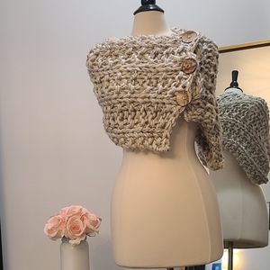 Hand chunky knit shaw with wood buttons